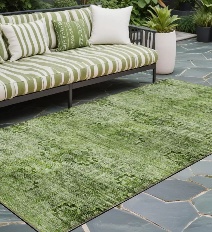 Olive Green Floral Medallion Washable Non Skid Indoor Outdoor Runner Rug Photo 1