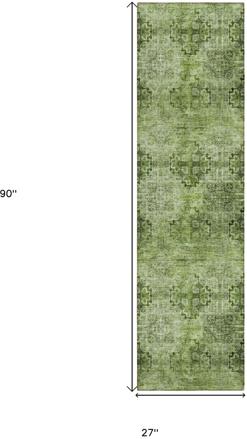 Olive Green Floral Medallion Washable Non Skid Indoor Outdoor Runner Rug Photo 3