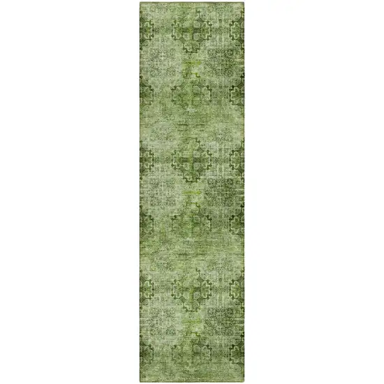 Olive Green Floral Medallion Washable Non Skid Indoor Outdoor Runner Rug Photo 2