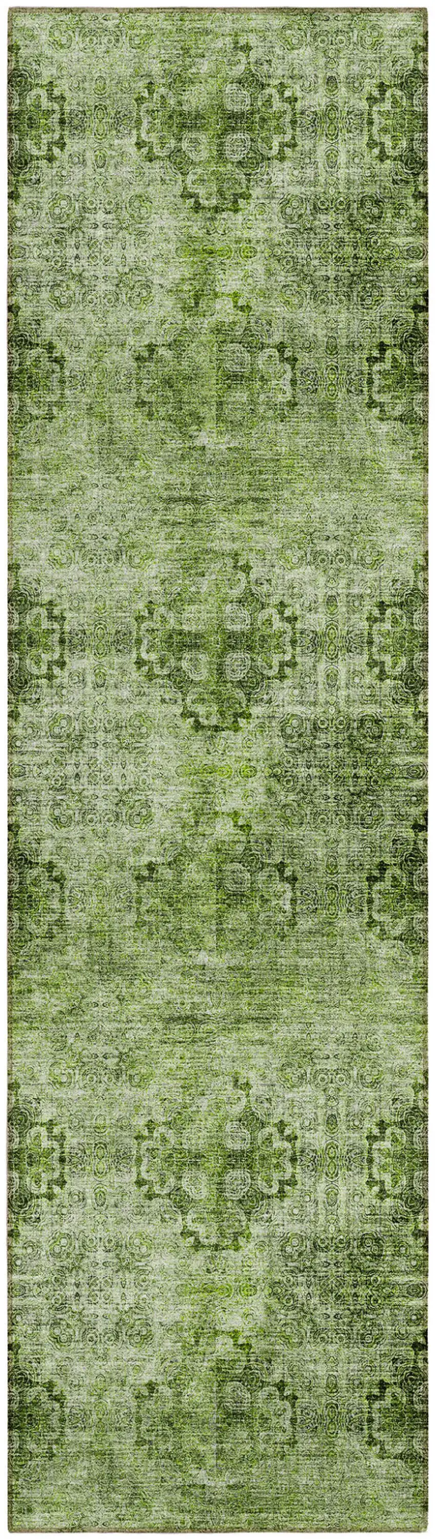 Olive Green Floral Medallion Washable Non Skid Indoor Outdoor Runner Rug Photo 2