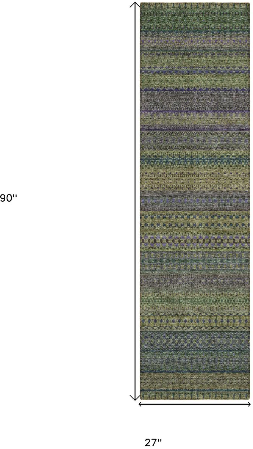 Olive Green Striped Washable Indoor Outdoor Runner Rug Photo 3