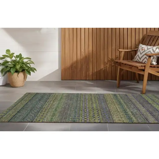 Olive Green Striped Washable Indoor Outdoor Runner Rug Photo 1