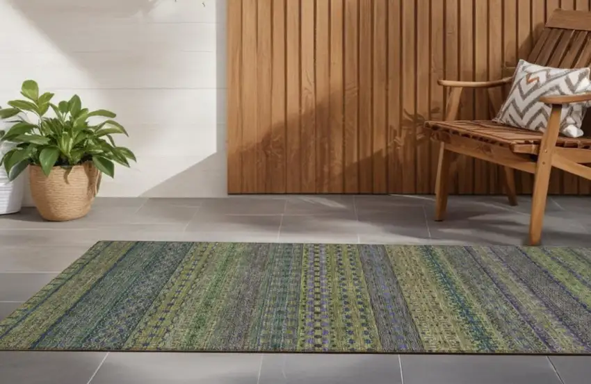 Olive Green Striped Washable Indoor Outdoor Runner Rug Photo 1