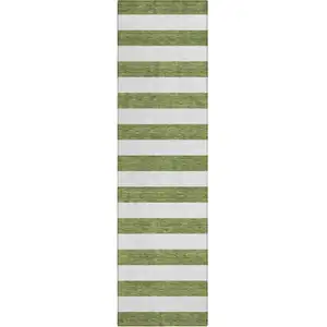 Photo of 8' Runner Olive Green Striped Washable Non Skid Indoor Outdoor Runner Rug