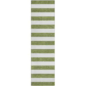 Photo of 8' Runner Olive Green Striped Washable Non Skid Indoor Outdoor Runner Rug