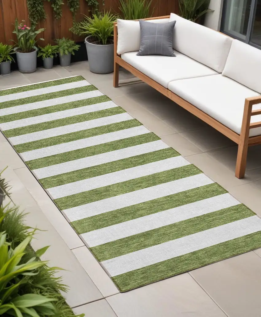 Olive Green Striped Washable Non Skid Indoor Outdoor Runner Rug Photo 1