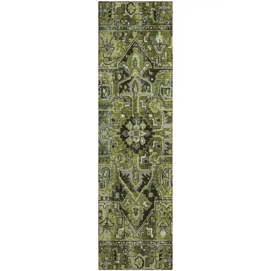 8' Runner Olive Green and Dark Green Oriental Washable Non Skid Indoor Outdoor Runner Rug Photo 2