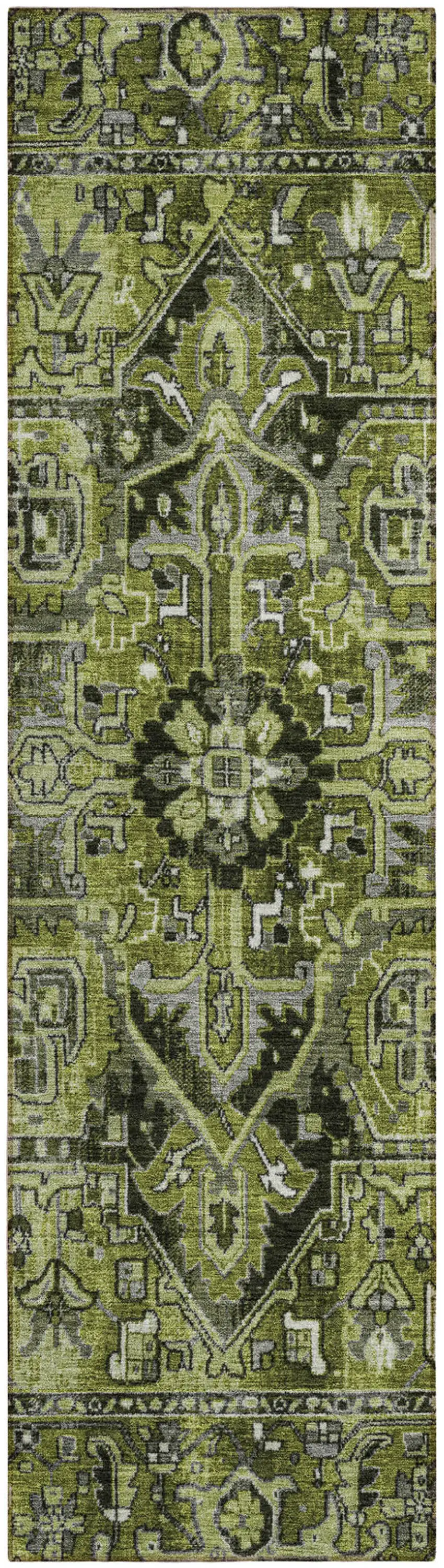 8' Runner Olive Green and Dark Green Oriental Washable Non Skid Indoor Outdoor Runner Rug Photo 2