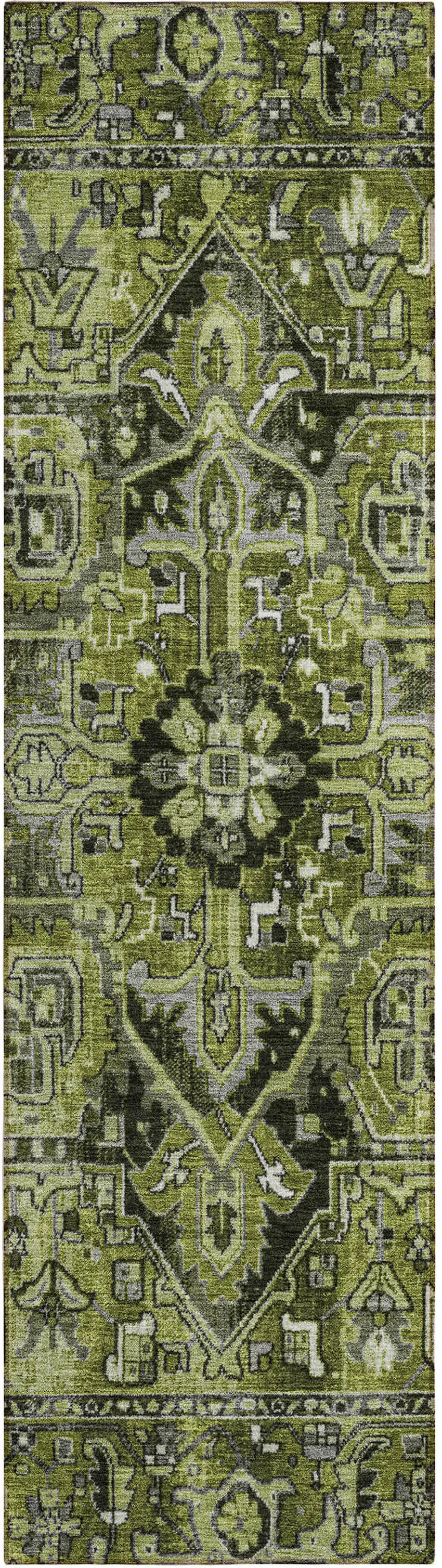 8' Runner Olive Green and Dark Green Oriental Washable Non Skid Indoor Outdoor Runner Rug Photo 2