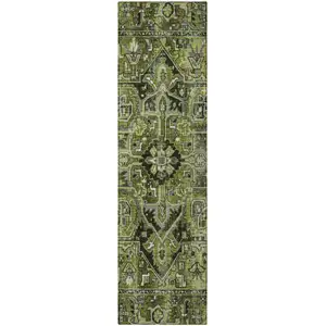 Photo of 8' Runner Olive Green and Dark Green Oriental Washable Non Skid Indoor Outdoor Runner Rug