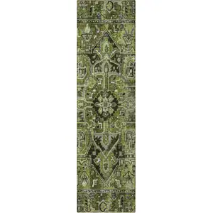 Photo of 8' Runner Olive Green and Dark Green Oriental Washable Non Skid Indoor Outdoor Runner Rug