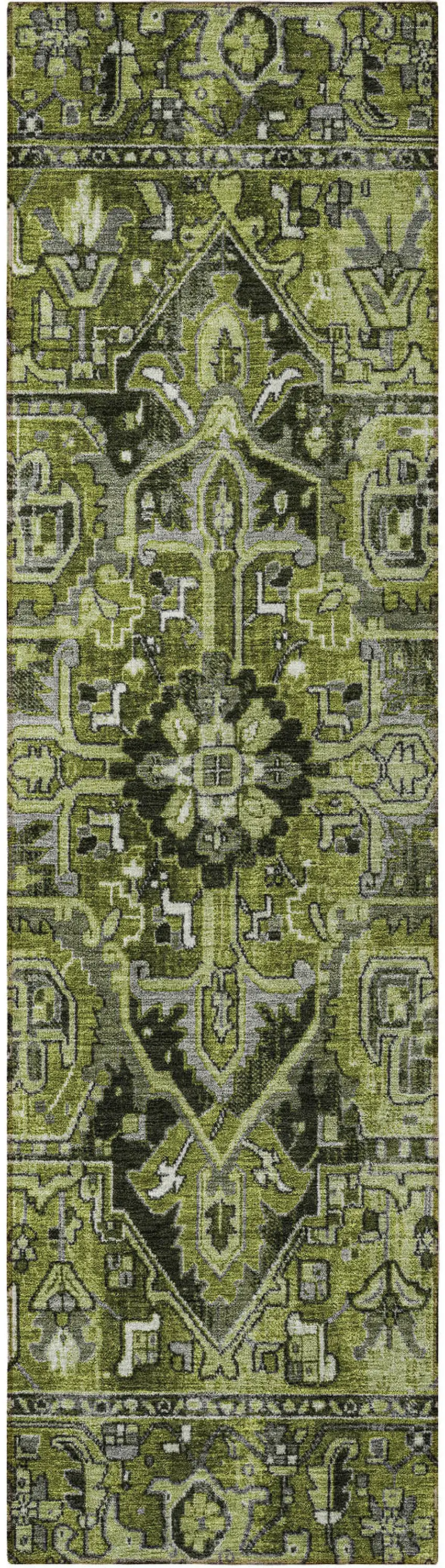 8' Runner Olive Green and Dark Green Oriental Washable Non Skid Indoor Outdoor Runner Rug Photo 5