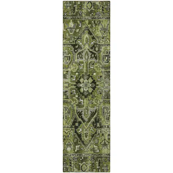 8' Runner Olive Green and Dark Green Oriental Washable Non Skid Indoor Outdoor Runner Rug Photo 4