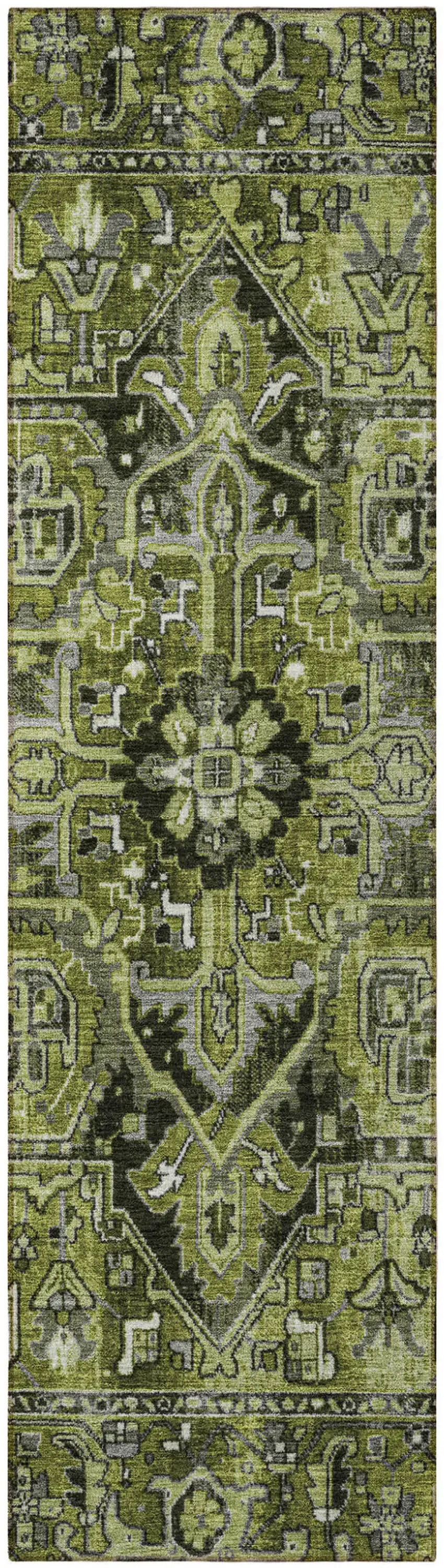 8' Runner Olive Green and Dark Green Oriental Washable Non Skid Indoor Outdoor Runner Rug Photo 4