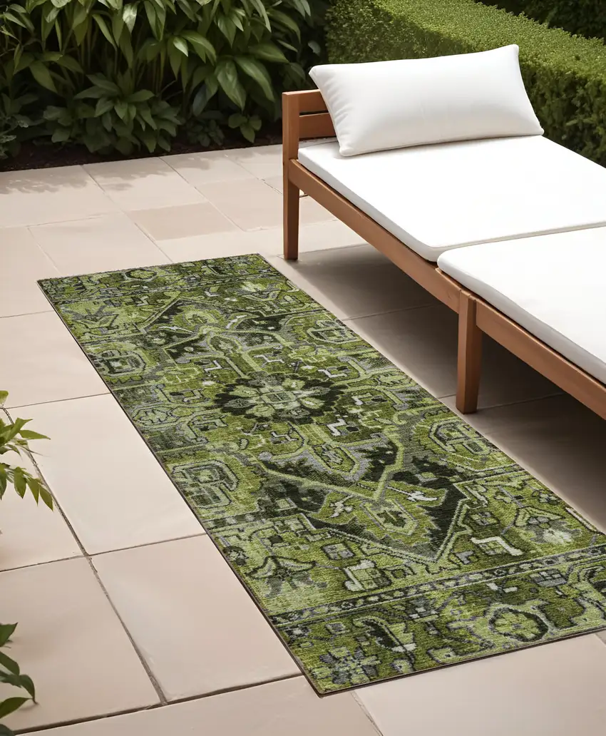 Olive Green and Dark Green Oriental Washable Non Skid Indoor Outdoor Runner Rug Photo 1