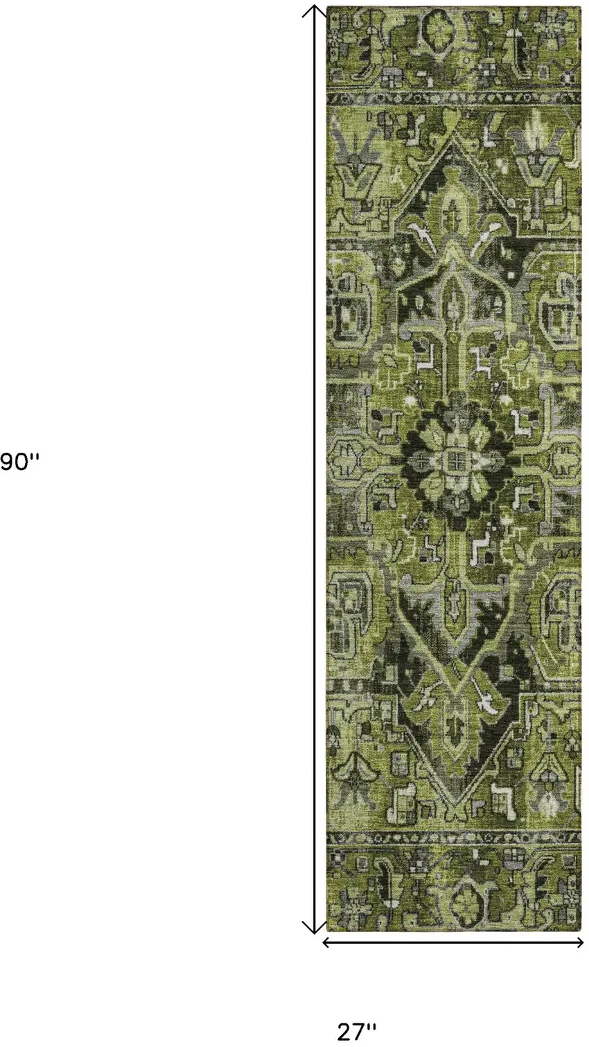 Olive Green and Dark Green Oriental Washable Non Skid Indoor Outdoor Runner Rug Photo 3