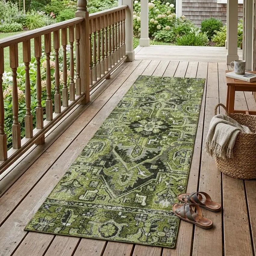 Olive Green and Dark Green Oriental Washable Non Skid Indoor Outdoor Runner Rug Photo 1