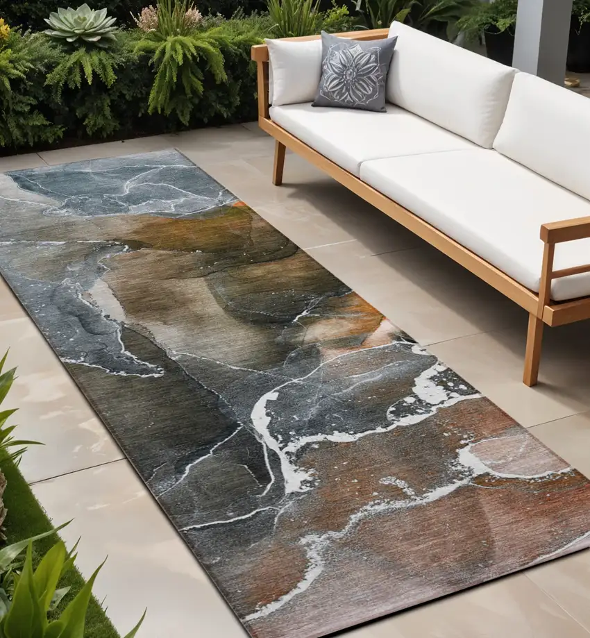 Orange Abstract Washable Non Skid Indoor Outdoor Runner Rug Photo 1