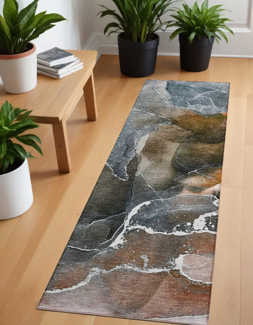 8' Runner Orange Abstract Washable Non Skid Indoor Outdoor Runner Rug Photo 1