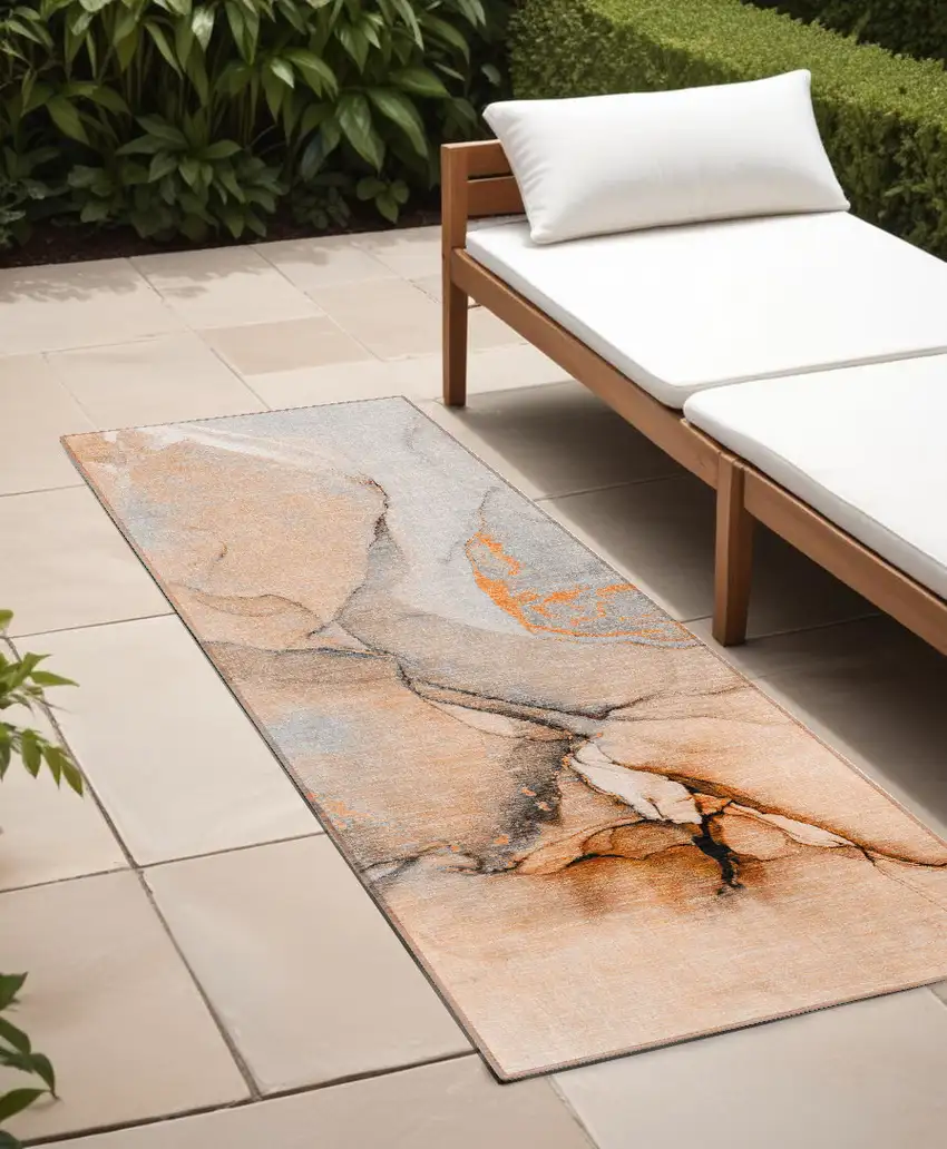 8' Runner Orange Abstract Washable Non Skid Indoor Outdoor Runner Rug Photo 1