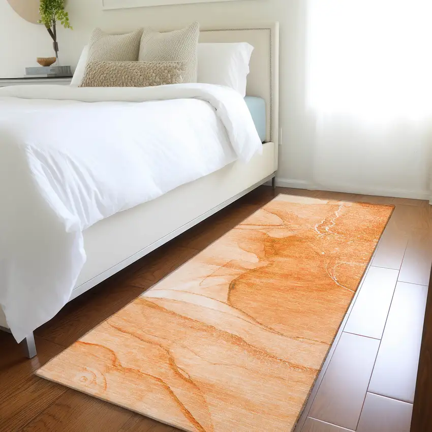 8' Runner Orange Abstract Washable Non Skid Indoor Outdoor Runner Rug Photo 9