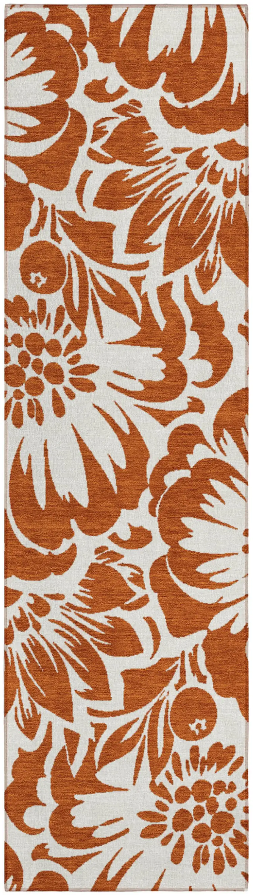 Rust and Ivory Floral Washable Non Skid Indoor Outdoor Runner Rug Photo 2