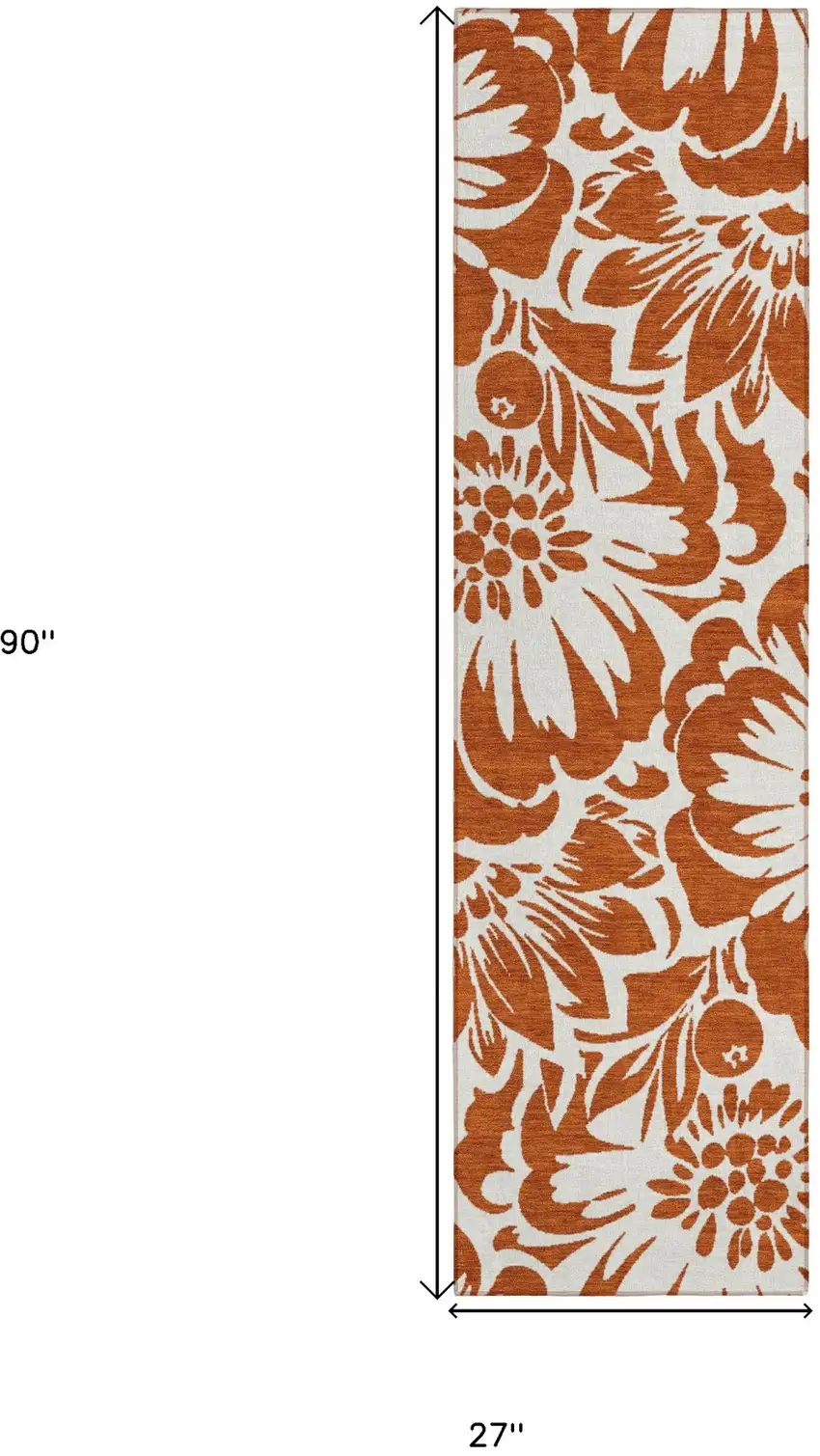 Rust and Ivory Floral Washable Non Skid Indoor Outdoor Runner Rug Photo 3