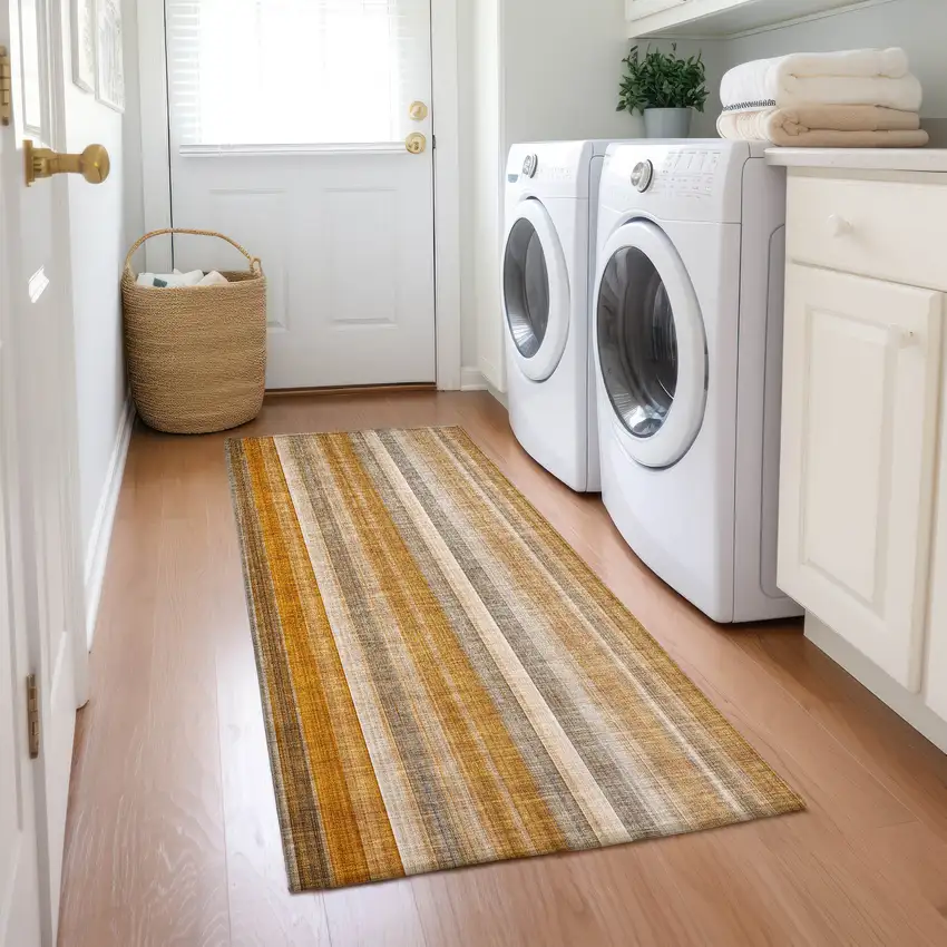 Orange Ivory and Gray Striped Washable Non Skid Indoor Outdoor Runner Rug Photo 7