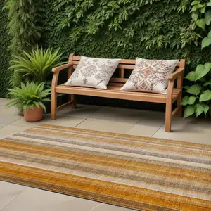 Photo of 8' Runner Orange Ivory and Gray Striped Washable Non Skid Indoor Outdoor Runner Rug