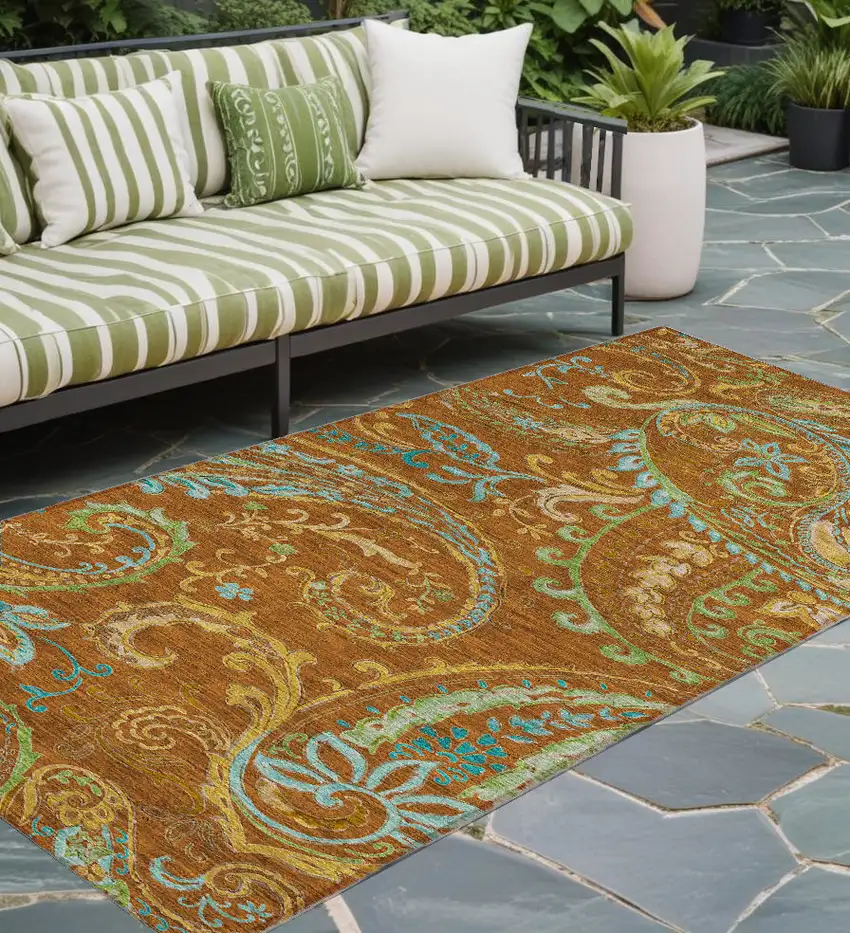 Orange Paisley Washable Non Skid Indoor Outdoor Runner Rug Photo 1