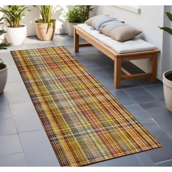 Orange Plaid Washable Non Skid Indoor Outdoor Runner Rug Photo 1