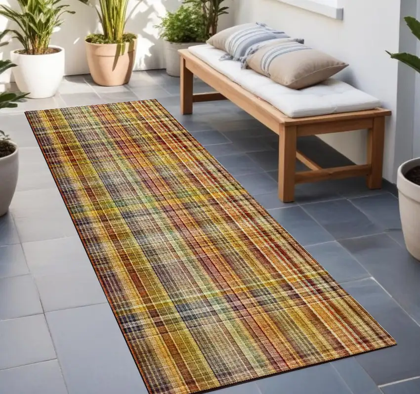 Orange Plaid Washable Non Skid Indoor Outdoor Runner Rug Photo 1