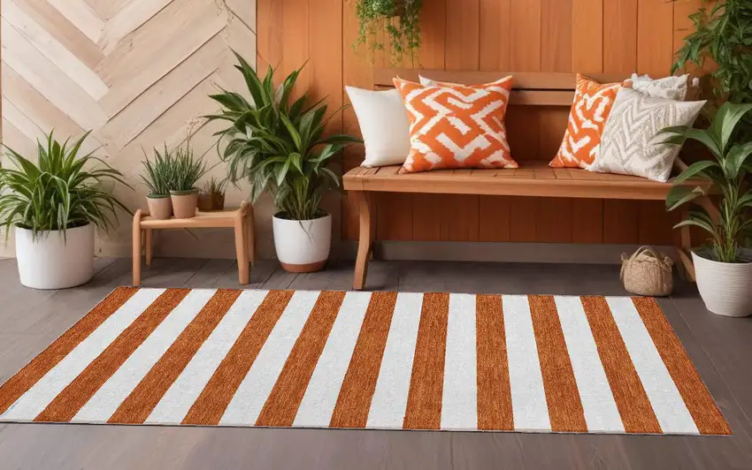 8' Runner Orange Striped Washable Non Skid Indoor Outdoor Runner Rug Photo 1