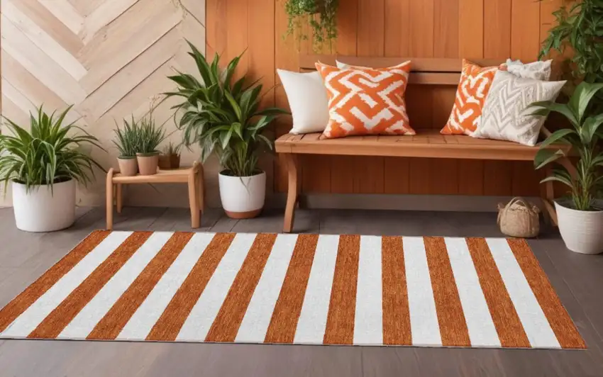 Orange Striped Washable Non Skid Indoor Outdoor Runner Rug Photo 1