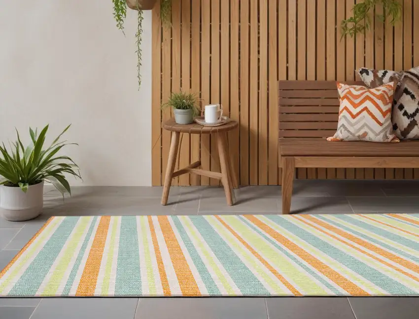 Orange Green and Blue Striped Washable Non Skid Indoor Outdoor Area Rug Photo 1