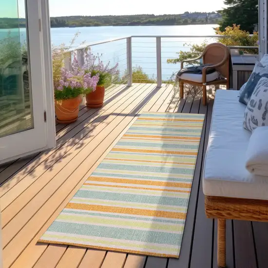 Orange Green and Blue Striped Washable Non Skid Indoor Outdoor Area Rug Photo 7