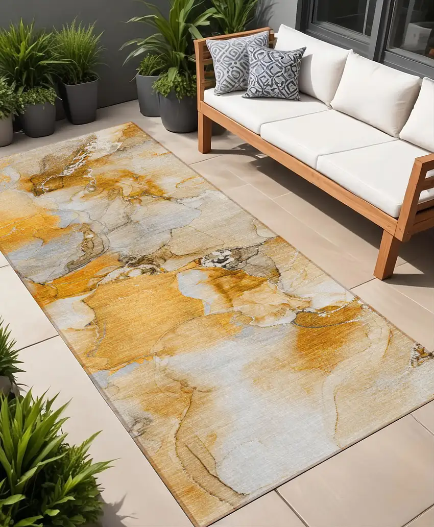Orange and Ivory Abstract Washable Indoor Outdoor Runner Rug Photo 1