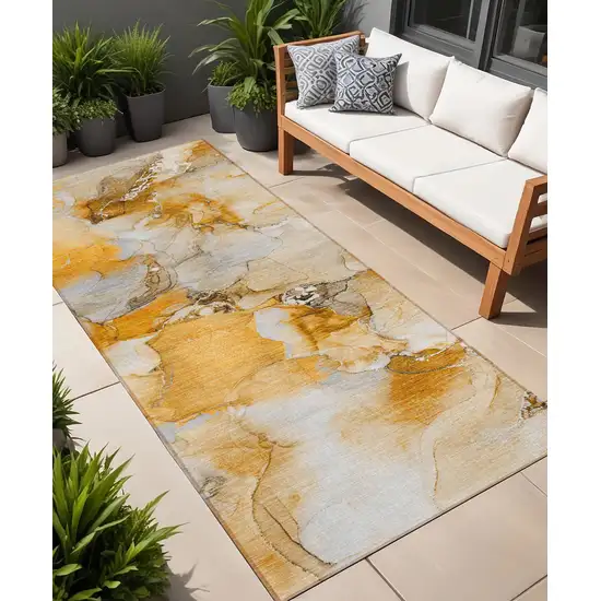 Orange and Ivory Abstract Washable Indoor Outdoor Runner Rug Photo 1