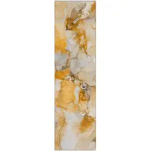 Photo of 8' Runner Orange and Ivory Abstract Washable Non Skid Indoor Outdoor Runner Rug