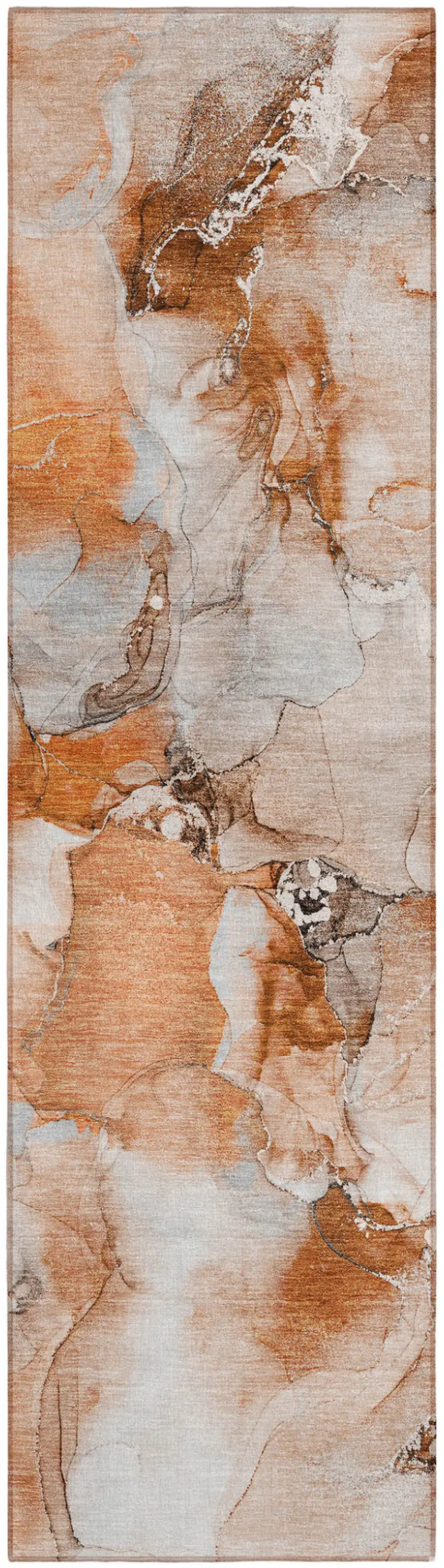 Orange and Ivory Abstract Washable Indoor Outdoor Runner Rug Photo 2