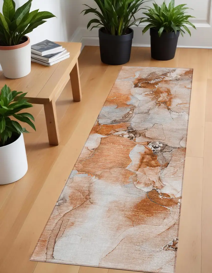 Orange and Ivory Abstract Washable Indoor Outdoor Runner Rug Photo 1