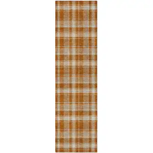 Photo of 8' Runner Orange and Ivory Plaid Washable Non Skid Indoor Outdoor Runner Rug