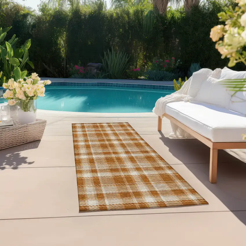 8' Runner Orange and Ivory Plaid Washable Non Skid Indoor Outdoor Runner Rug Photo 8