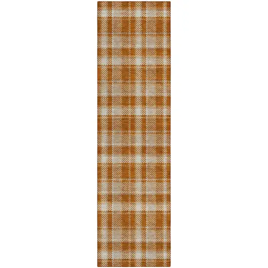 Orange and Ivory Plaid Washable Non Skid Indoor Outdoor Runner Rug Photo 2