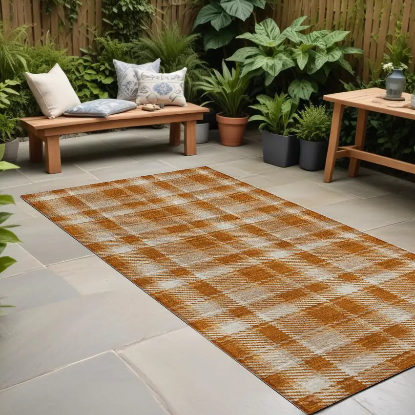 Orange and Ivory Plaid Washable Non Skid Indoor Outdoor Runner Rug Photo 1