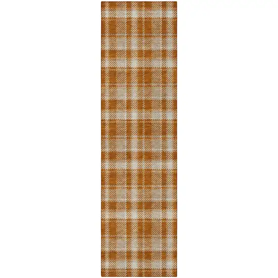 Orange and Ivory Plaid Washable Non Skid Indoor Outdoor Runner Rug Photo 4