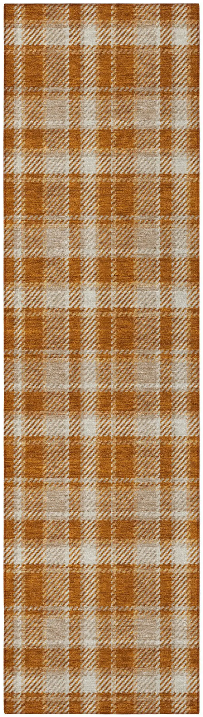 Orange and Ivory Plaid Washable Non Skid Indoor Outdoor Runner Rug Photo 4