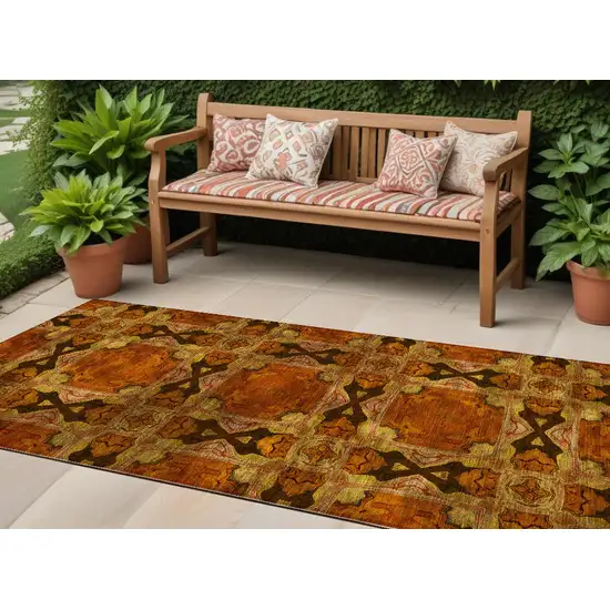Orange and Rust Floral Medallion Washable Non Skid Indoor Outdoor Runner Rug Photo 1