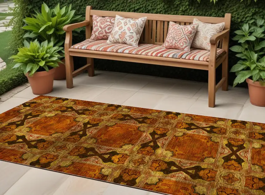 Orange and Rust Floral Medallion Washable Non Skid Indoor Outdoor Runner Rug Photo 1