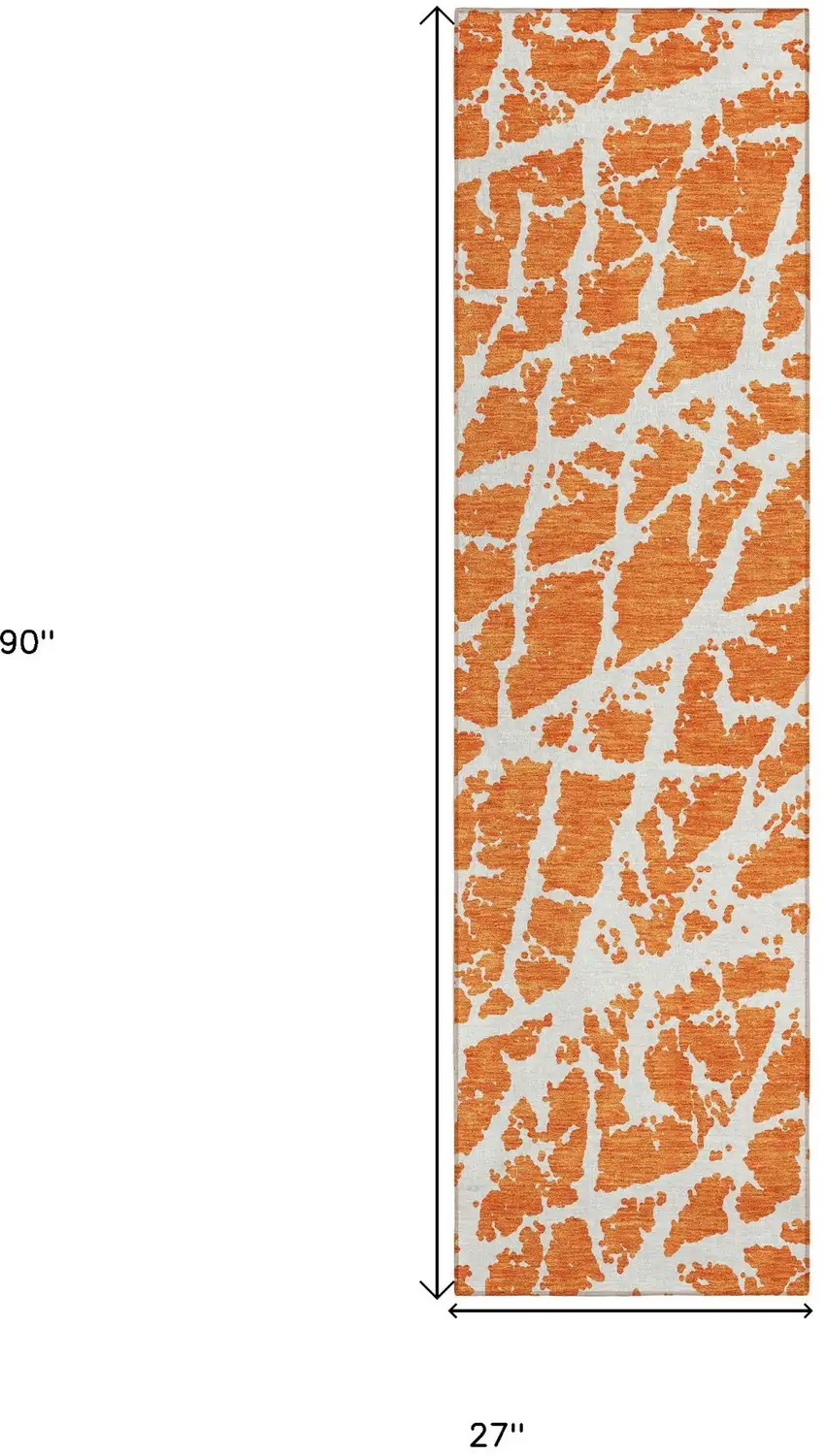Orange and White Abstract Washable Non Skid Indoor Outdoor Runner Rug Photo 9